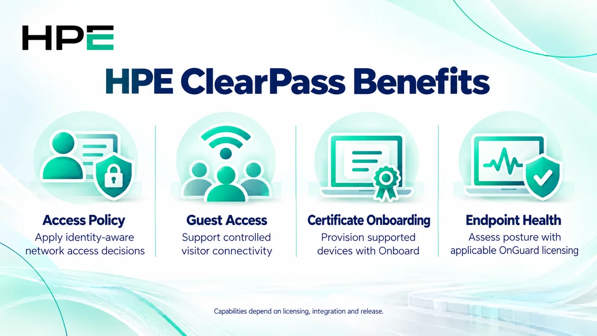 HPE ClearPass benefits: access policy, guest access, certificate onboarding and endpoint health