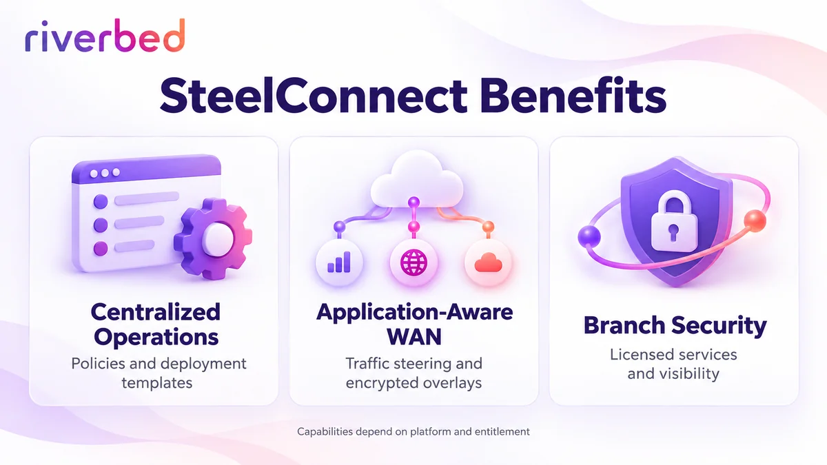 Riverbed SteelConnect benefits: centralized operations, application-aware connectivity and branch security