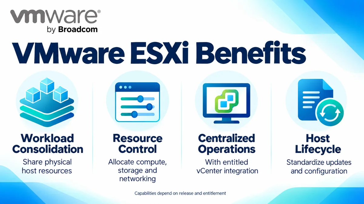 VMware ESXi benefits: workload consolidation, resource control, centralized operations and host lifecycle management