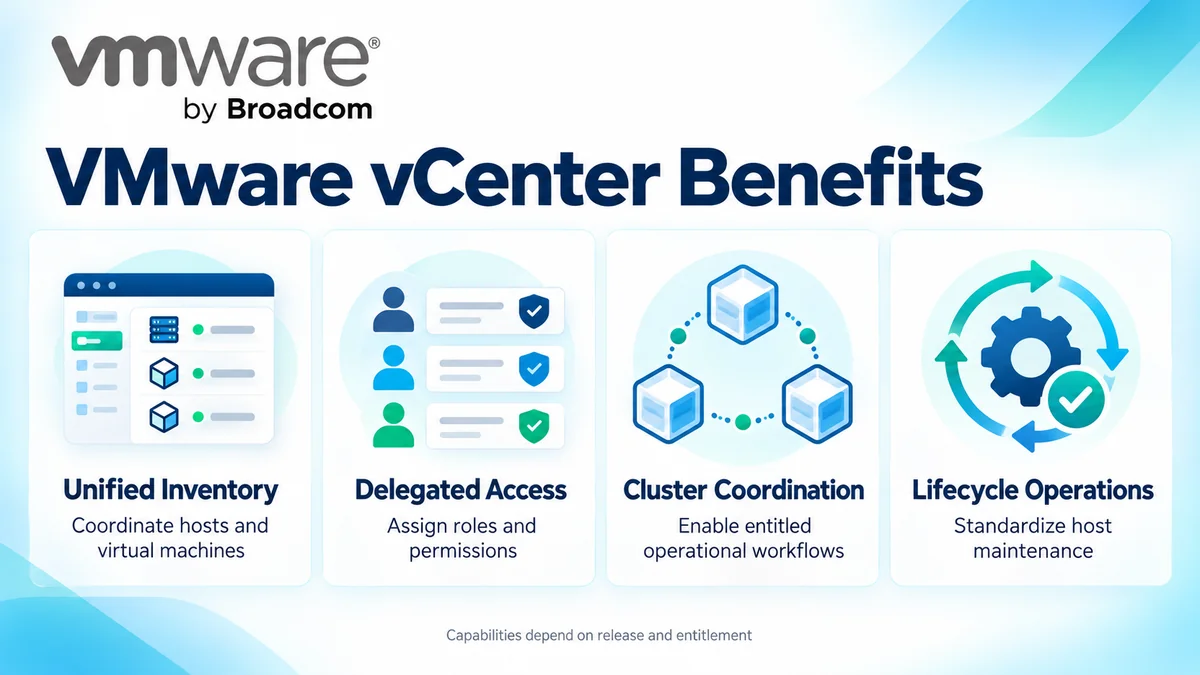 VMware vCenter benefits: centralized inventory, delegated access, cluster coordination and lifecycle operations