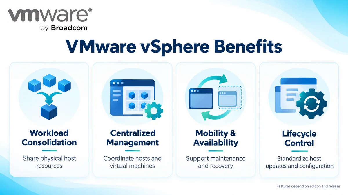 VMware vSphere benefits: workload consolidation, centralized management, mobility and lifecycle control